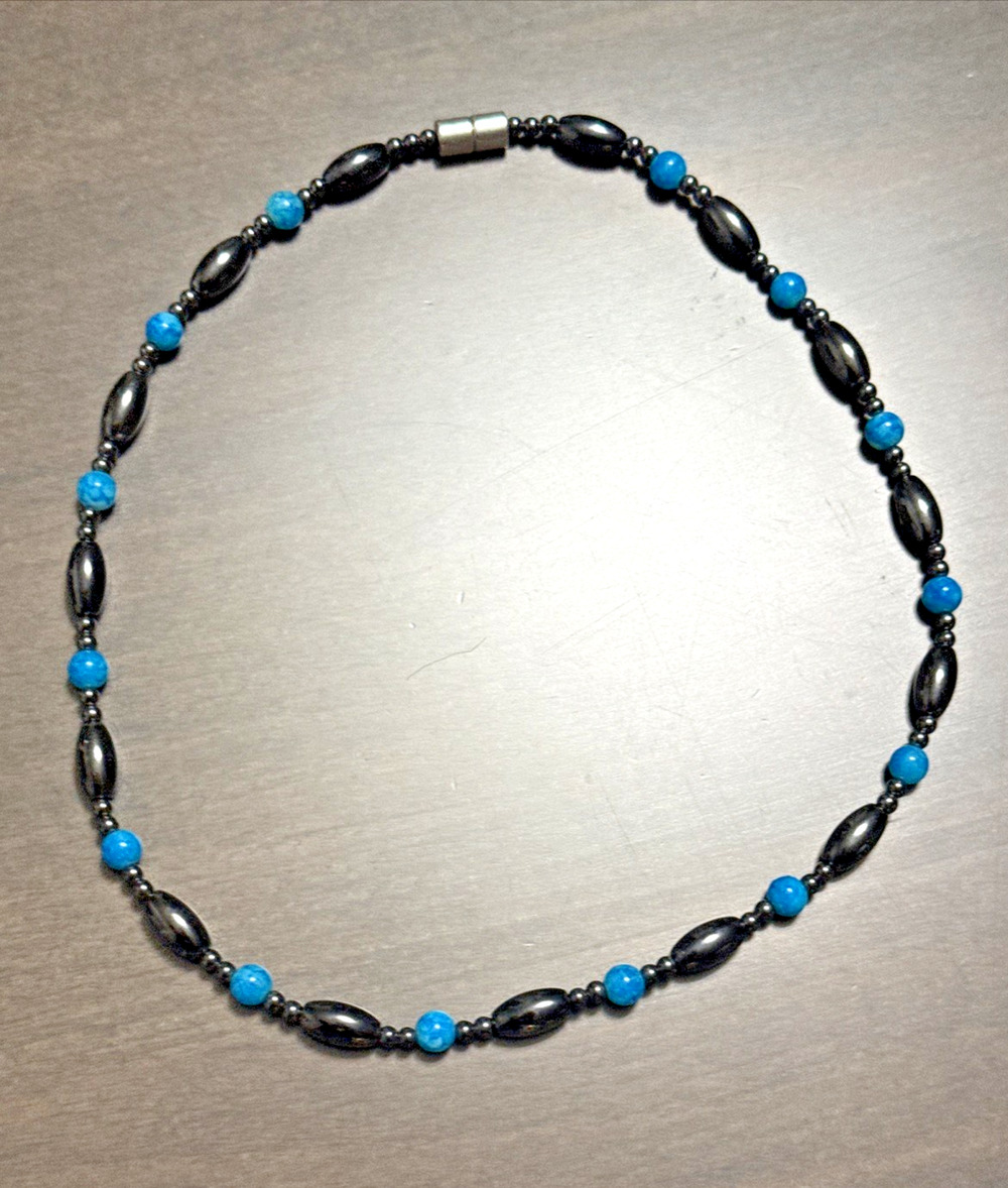 Hematite Beaded Turquoise Accent Stone Ladies Magnetic Necklace 18”